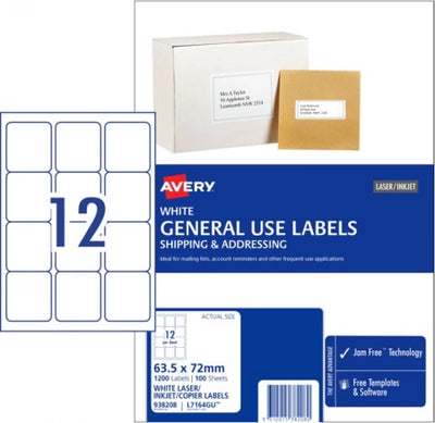 12UP AVERY L7164GU General Use Labels 63.5 x 72 mm 1200 Labels/100 Sheets