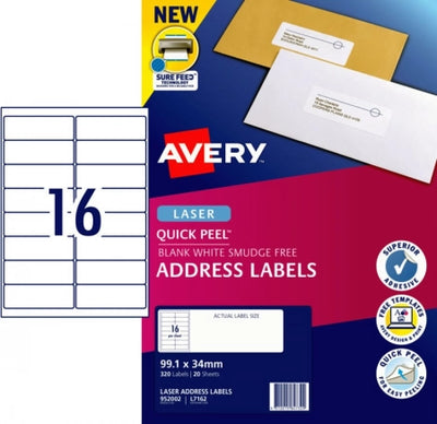 16UP AVERY Quick Peel Address Labels with Sure Feed 99.1 x 34 mm 320 Labels/20 Sheets L7162