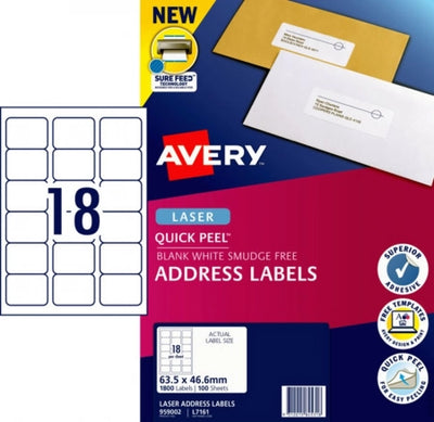 18UP AVERY Quick Peel Address Labels with Sure Feed 63.5 x 46.6 mm 1800 Labels/100 Sheets L7161