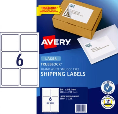 6UP AVERY Shipping Labels with Trueblock 99.1 x 93.1 mm 600 Labels/100 Sheets L7166