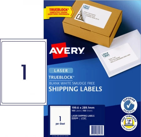 1UP AVERY L7167 Shipping Labels with Trueblock 199.6 x 289.1 mm 100 Labels/100 Sheets