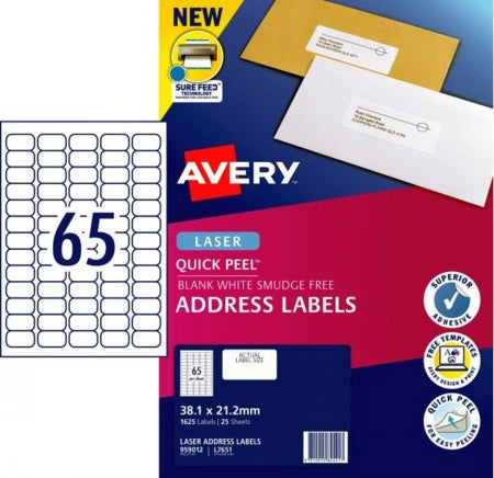 65UP AVERY L7651 Quick Peel Address Labels with Sure Feed 38.1 x 21.2 mm 1625 Labels/25 Sheets