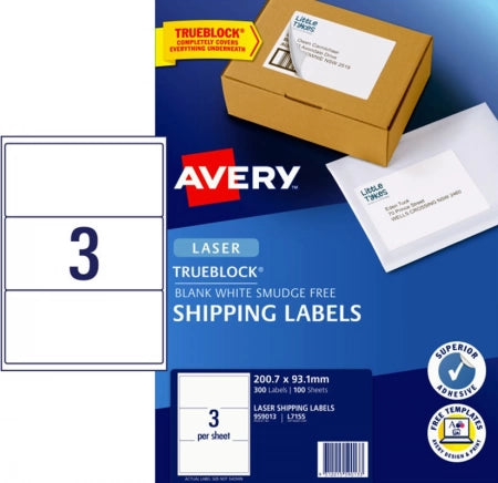 3UP AVERY L7155 Shipping Labels with Trueblock 200.7 x 93.1 mm 300 Labels/100 Sheets