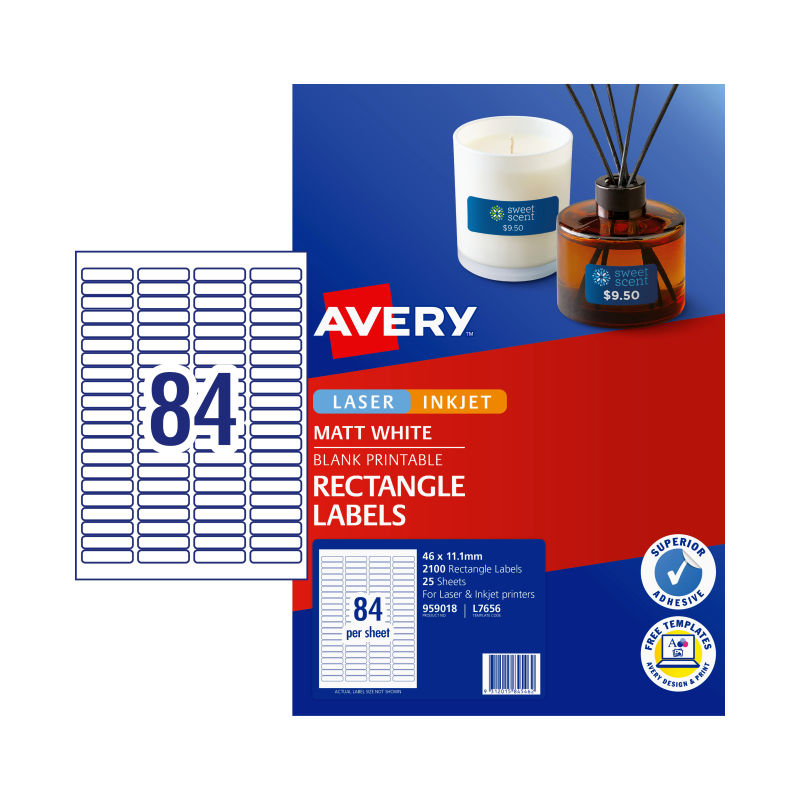 84UP AVERY Permanent multi-purpose labels 46 x 11.1 mm 2100 Labels/25 Sheets L7656