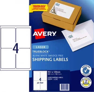 4UP AVERY Shipping Labels with Trueblock 99.1 x 139 mm 400 Labels/100 Sheets L7169