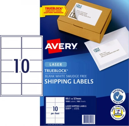 10UP AVERY L7173 Shipping Labels with Trueblock 99.1 x 57 mm 1000 Labels/100 Sheets