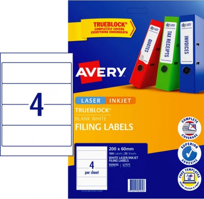 4UP AVERY Filing Labels 200 x 60 mm 100 Labels/25 Sheets L7171