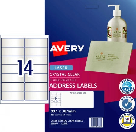 14UP AVERY Crystal Clear Address Labels 99.1 x 38.1 mm 350 Labels/25 Sheets L7563