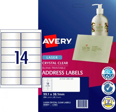 14UP AVERY Crystal Clear Address Labels 99.1 x 38.1 mm 350 Labels/25 Sheets L7563