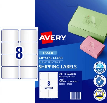 8UP AVERY Crystal Clear Shipping Labels 99.1 x 67.7 mm 200 Labels/25 Sheets L7565