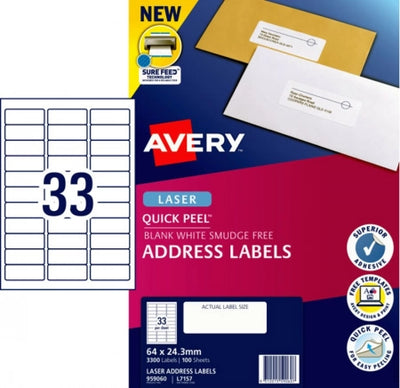 33UP AVERY L7157 Quick Peel Address Labels with Sure Feed 64 x 24.3 mm 3300 Labels/100 Sheets