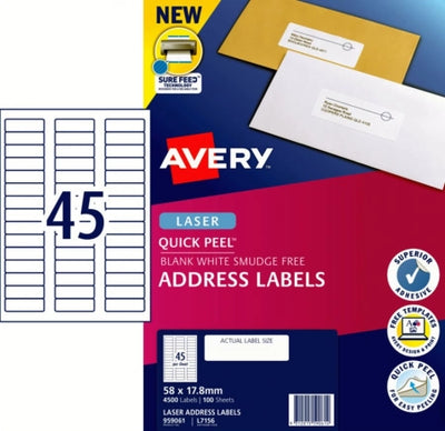 45UP AVERY L7156 Quick Peel Address Labels with Sure Feed 58 x 17.8 mm 4500 Labels/100 Sheets