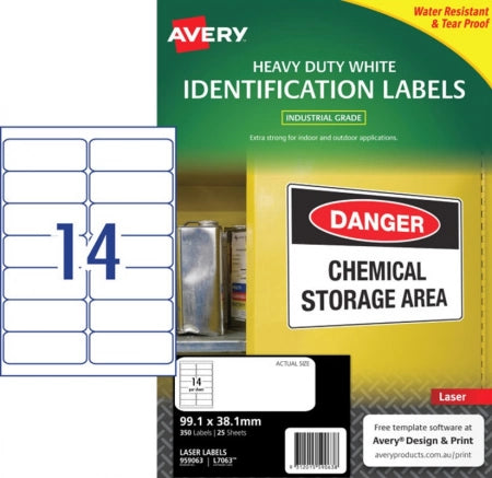 14UP AVERY L7063 White Heavy Duty Labels 99.1 x 38.1 mm 350 Labels/25 Sheets
