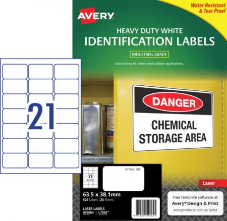 21UP AVERY L7060 White Heavy Duty Labels 63.5 x 38.1 mm 525 Labels/25 Sheets