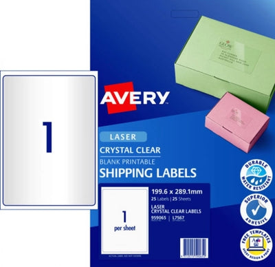 1UP AVERY L7567 Crystal Clear Shipping Labels 199.6 x 289.1 mm 25 Labels/25 Sheets