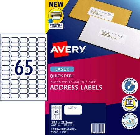 65UP AVERY L7651 Quick Peel Address Labels with Sure Feed 38.1 x 21.2 mm 6500 Labels/100 Sheets