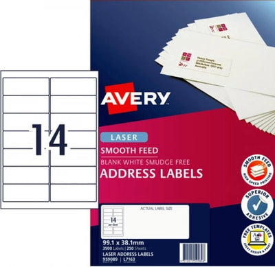 14UP AVERY L7163 Address Labels with Smooth Feed 99.1 x 38.1 mm (3500 Labels/250 Sheets)