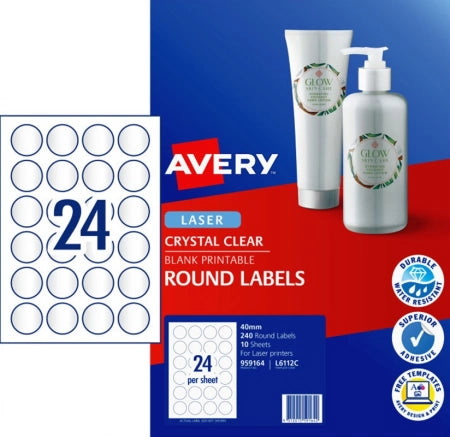 24UP AVERY L6112C Crystal Clear Round Multipurpose Labels 240 Labels/10 Sheets