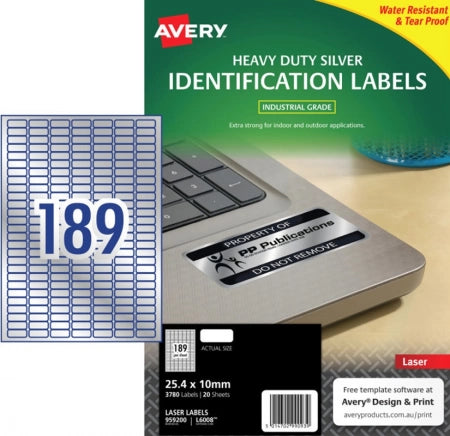 189UP AVERY L6008 Silver Heavy Duty Labels 25.4 x 10 mm 3780 Labels/20 Sheets