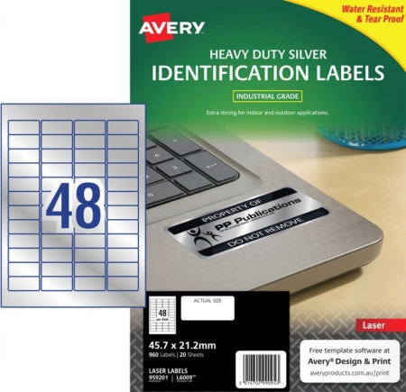 48UP AVERY Silver Heavy Duty Labels 45.7 x 21.2 mm 960 Labels/20 Sheets L6009