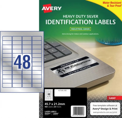 48UP AVERY Silver Heavy Duty Labels 45.7 x 21.2 mm 960 Labels/20 Sheets L6009