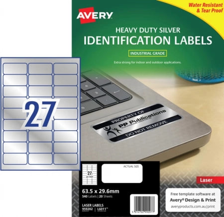 27UP AVERY L6011 Silver Heavy Duty Labels 63.5 x 29.6 mm 540 Labels/20 Sheets