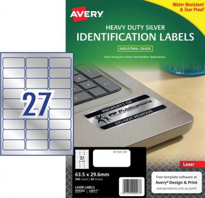 27UP AVERY L6011 Silver Heavy Duty Labels 63.5 x 29.6 mm 540 Labels/20 Sheets