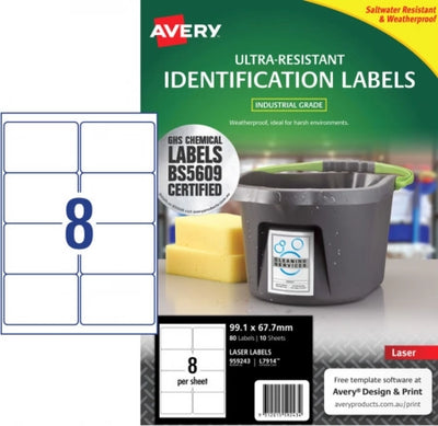 8UP AVERY Ultra-Resistant Chemical Grade Labels 99.1 x 67.7 mm 80 Labels/10 Sheets L7914