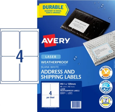 4UP AVERY L7071 Weatherproof Shipping Labels 139 x 99.1 mm 40 Labels/10 Sheets