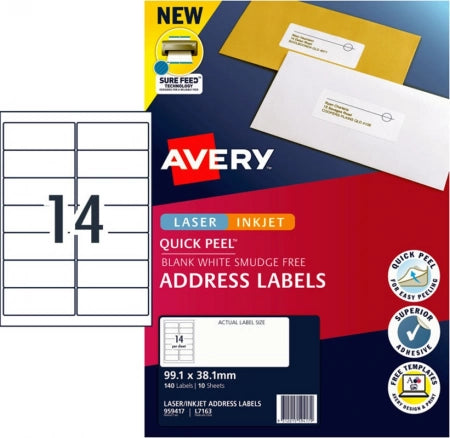 14UP AVERY L7163 Quick Peel Address Labels with Sure Feed 99.1 x 38.1 mm 140 Labels/10 Sheets