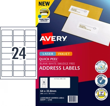 24UP AVERY L7159 Quick peel address labels with sure feed 64 x 33.8 mm 240 Labels/10 Sheets