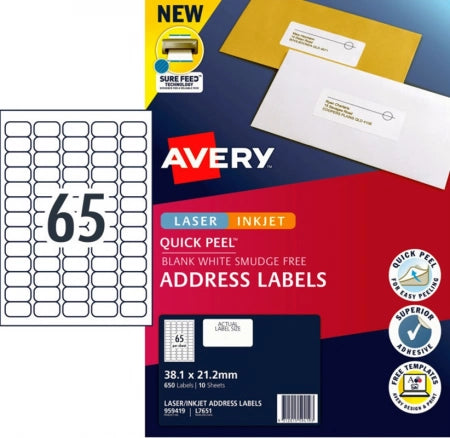 65UP AVERY L7651 Quick peel address labels with sure feed 38.1 x 21.2 mm 650 Labels/10 Sheets