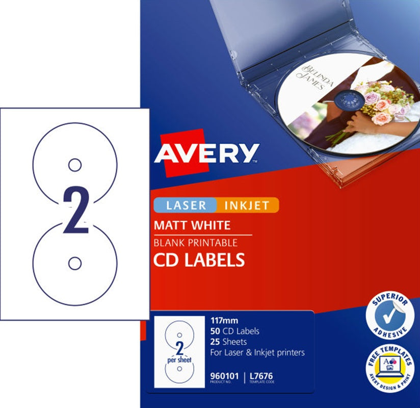 2UP AVERY L7676 White CD Labels 117 mm 50 Labels/25 Sheet