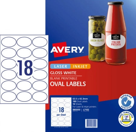 18UP AVERY Glossy Oval labels 63.5 x 42.3 mm 180 Labels/10 Sheets L7102
