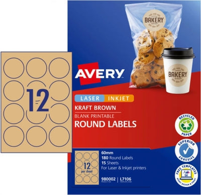 12UP AVERY L7106 Kraft Brown Round Labels 60 mm 180 Labels/15 Sheets