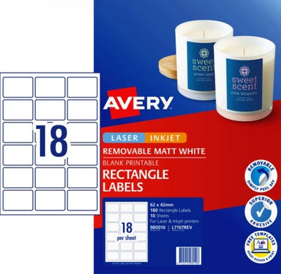 18UP AVERY Matt Rectangle Labels 62 x 42 mm 180 Labels/10 Sheets L7107REV
