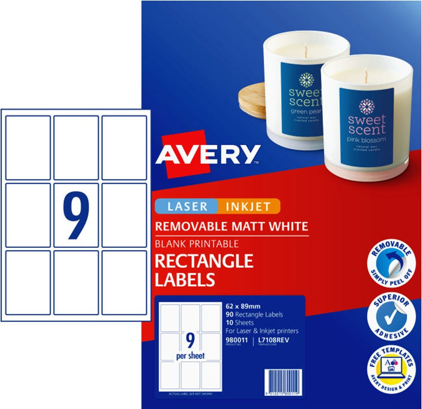 9UP AVERY L7108REV Matt Rectangle Labels 62 x 89 mm 90 Labels/10 Sheet