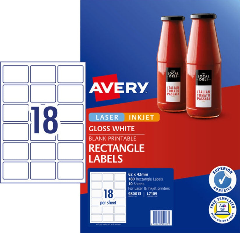 18UP AVERY Glossy Rectangle Labels 62 x 42 mm 180 Labels/10 Sheets L7109
