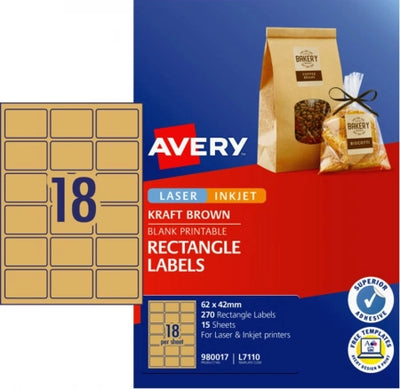 18UP AVERY Kraft Brown Rectangle labels 62 x 42 mm 270 Labels/15 Sheets L7110
