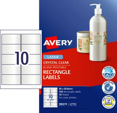 10UP AVERY L7113 Crystal Clear Rectangle Labels 96 x 50.8 mm 100 Labels/10 Sheets