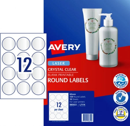 12UP AVERY L7114 Crystal Clear Round Labels 60 mm 120 Labels/10 Sheets