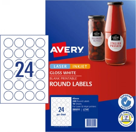 24UP AVERY L7147 Glossy round labels 40 mm 240 Labels/10 Sheets