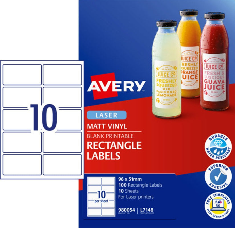 10UP AVERY L7148 Durable Rectangle Labels 51 x 96 mm 100 Labels/10 Sheet