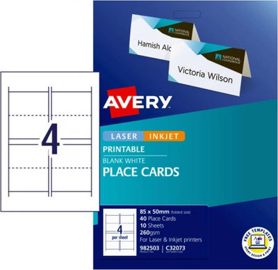 4UP AVERY C32073 Folded placecards 85 x 50 mm 40 Cards/10 Sheets