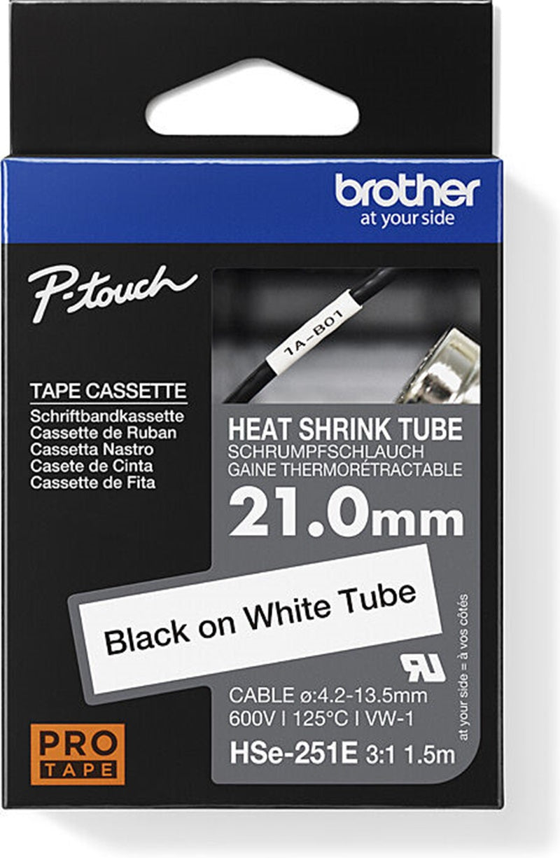 Brother HSE-251E Heat Shrink Tube Labelling Tape Black on White 21mm x 1.5