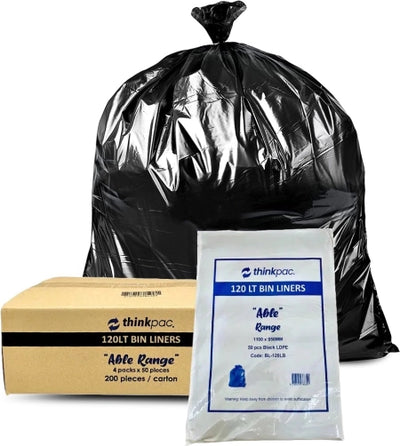 120L Carton of 200 Black Bin Liners Able 22um (Medium Strength)