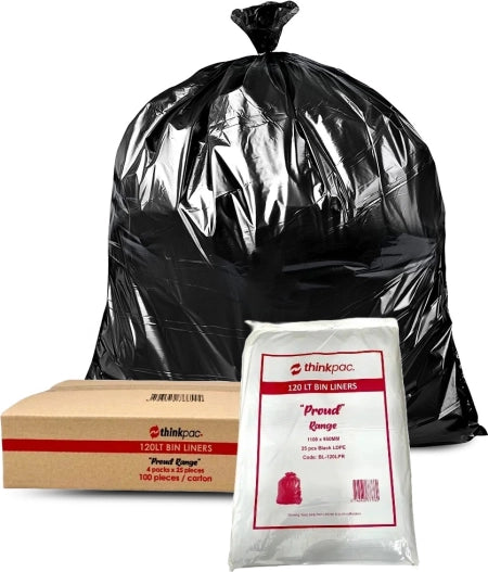 Carton of 100 120L Black Bin Liners - Proud 30 micron (Super Strength)