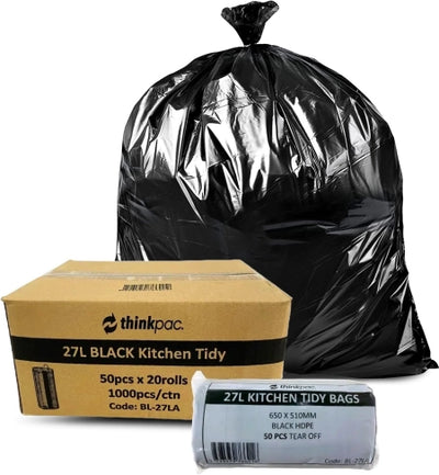 Carton of 1000 27L Black Bin Liners - Office / Kitchen 10 micron (Standard Strength)