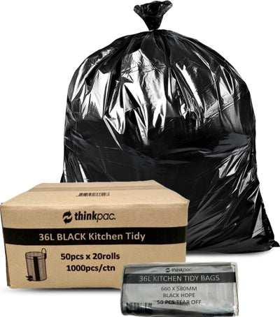 Carton of 1000 36L Black Bin Liners 10 micron 660 x 590mm (Standard Strength)