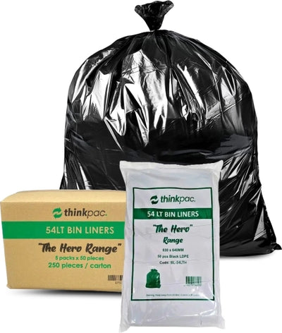 Carton of 250 54L Black Bin Liners - Able 18 micron (Medium Strength)